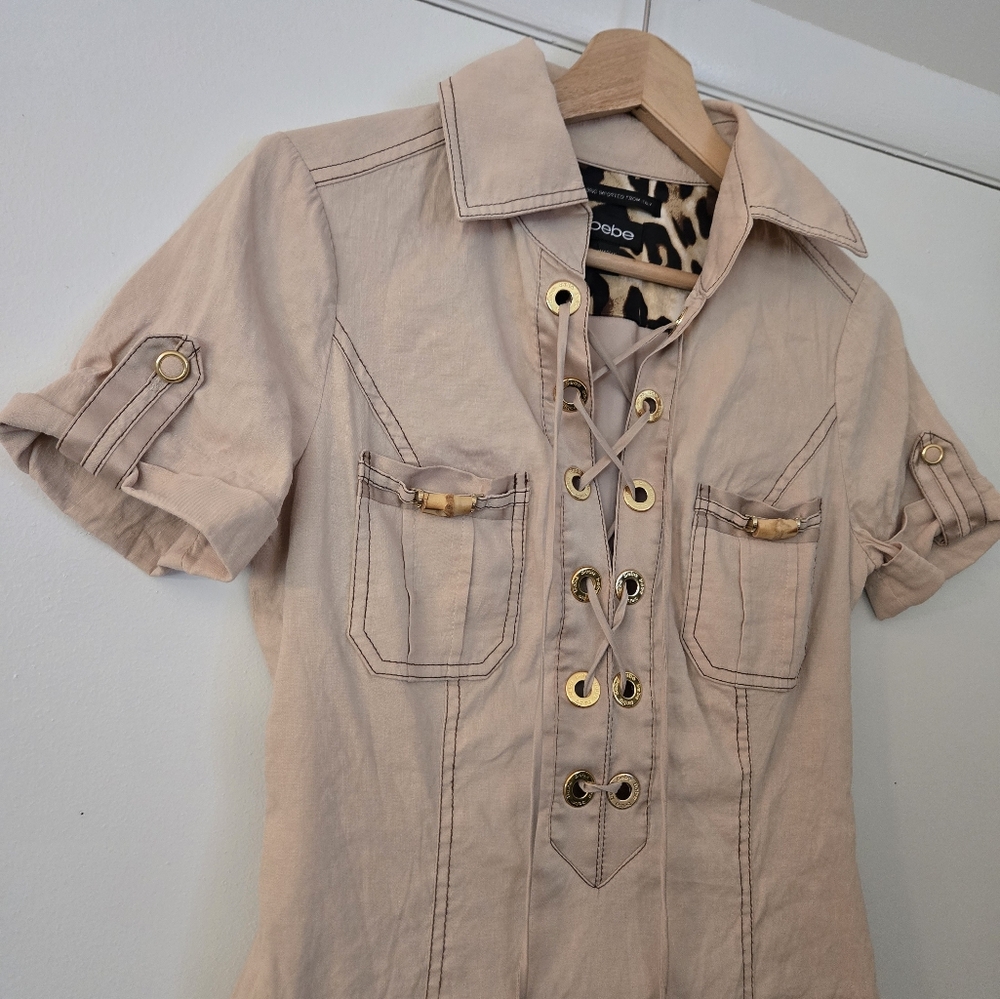Y2K Bebe Lace-up Khaki Mini Dress Size 4 - Picture 3 of 5